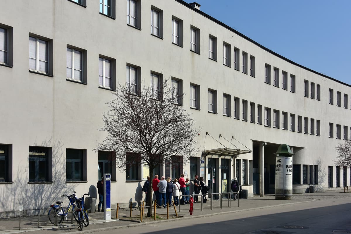 The grey administrative building of Oskar Schindler's former enamel factory at Lipowa 4 in the Zabłocie district of Kraków, now a branch of the Museum of Kraków.